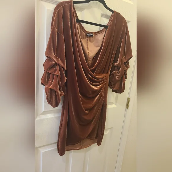 Fashion Nova Brown Velvet Ruffled Sleeve Mini Dress - Picture 2 of 3